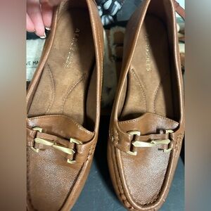 AEROSOLES Tan Leather Slip-On Loafers with Gold Hardware